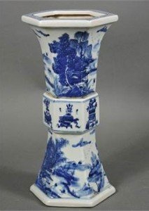 A Chinese blue and white hexagonal vase