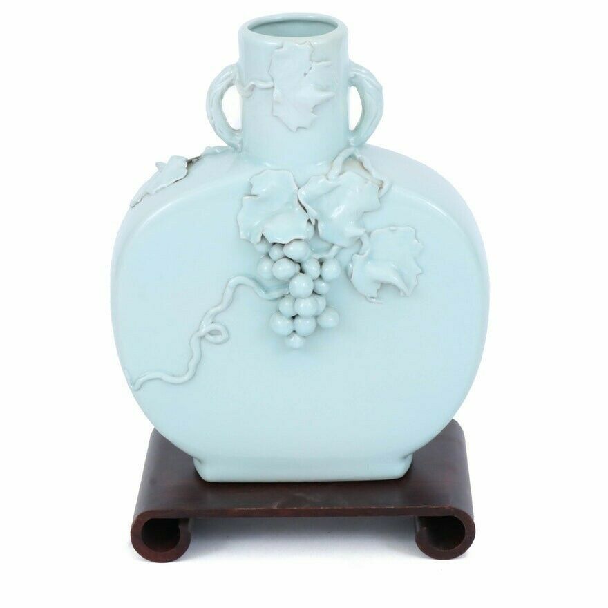 Monumental Chinese Celadon Porcelain Vase with Grape Motif on Wooden Stand.