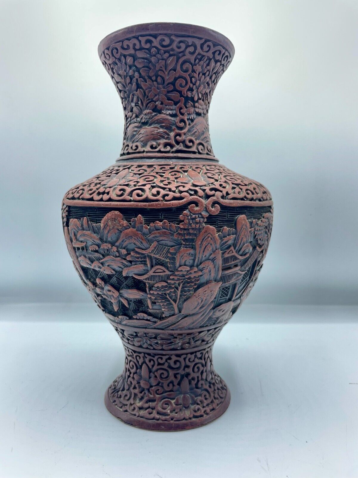 Rare Chinese Antique Cinnabar Carved Vase, 1800's