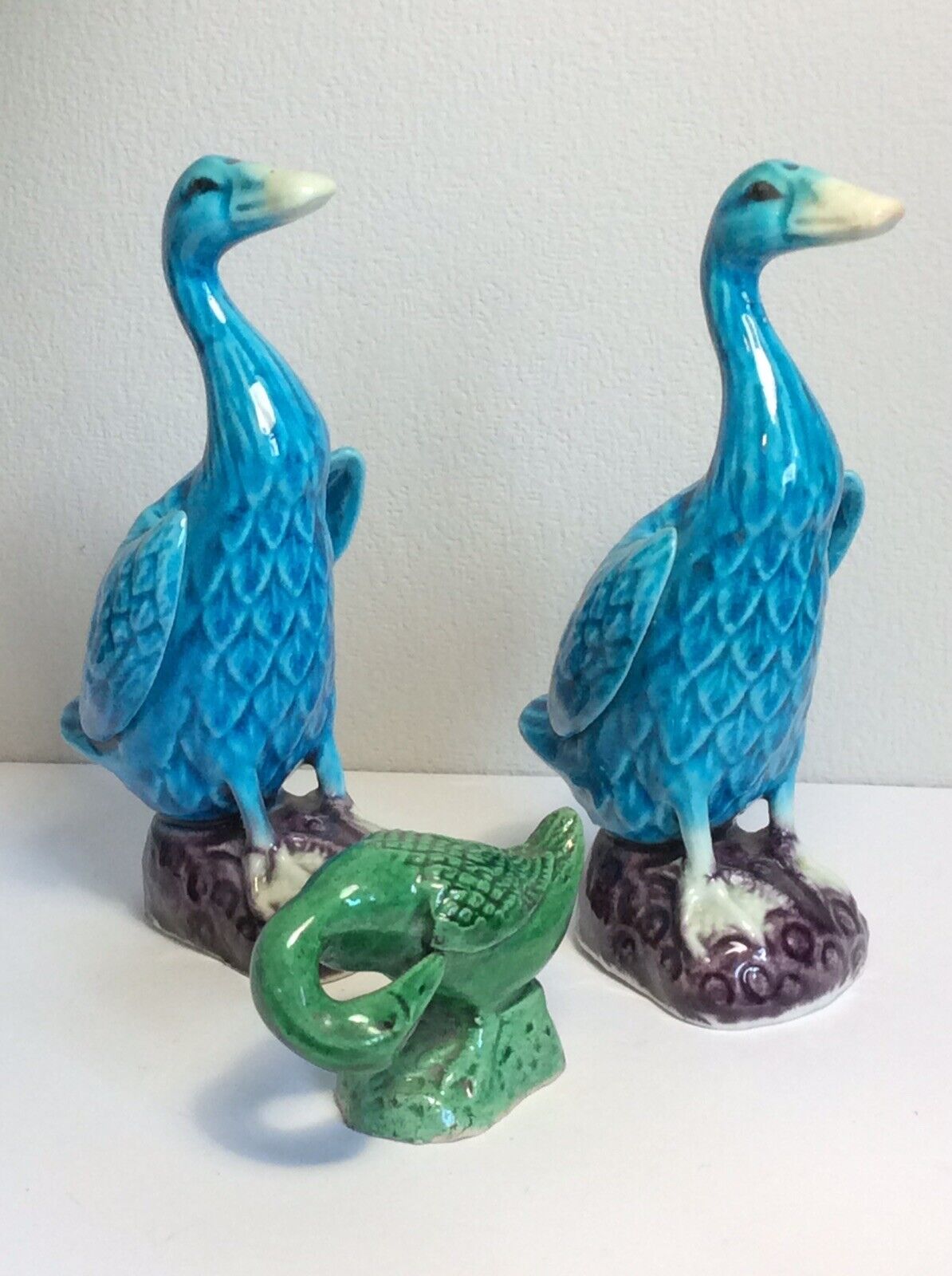3 Chinese Porcelain Blue & Green Glaze Ducks Geese Goose Qing / Republic 12 cms’