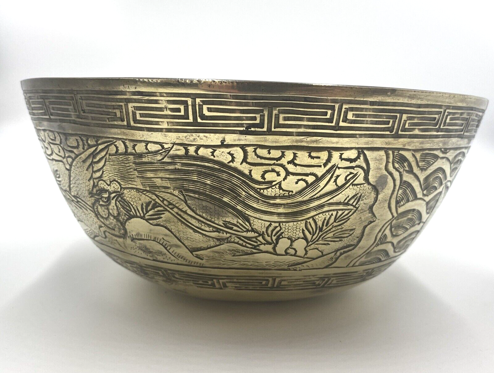 Large Engraved Antique Chinese Brass Bowl. 25cm Diameter, 10.5cm Depth       H16