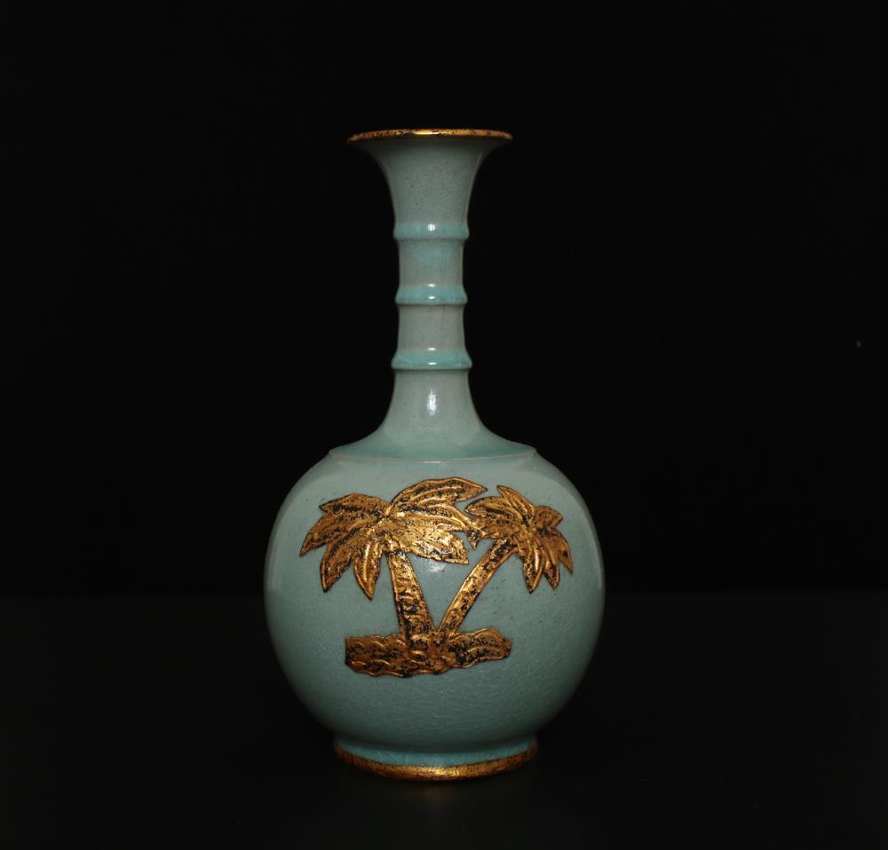 Signed Old Fine Chinese Ru Yao Ru Kiln Gilding Vase W/flower