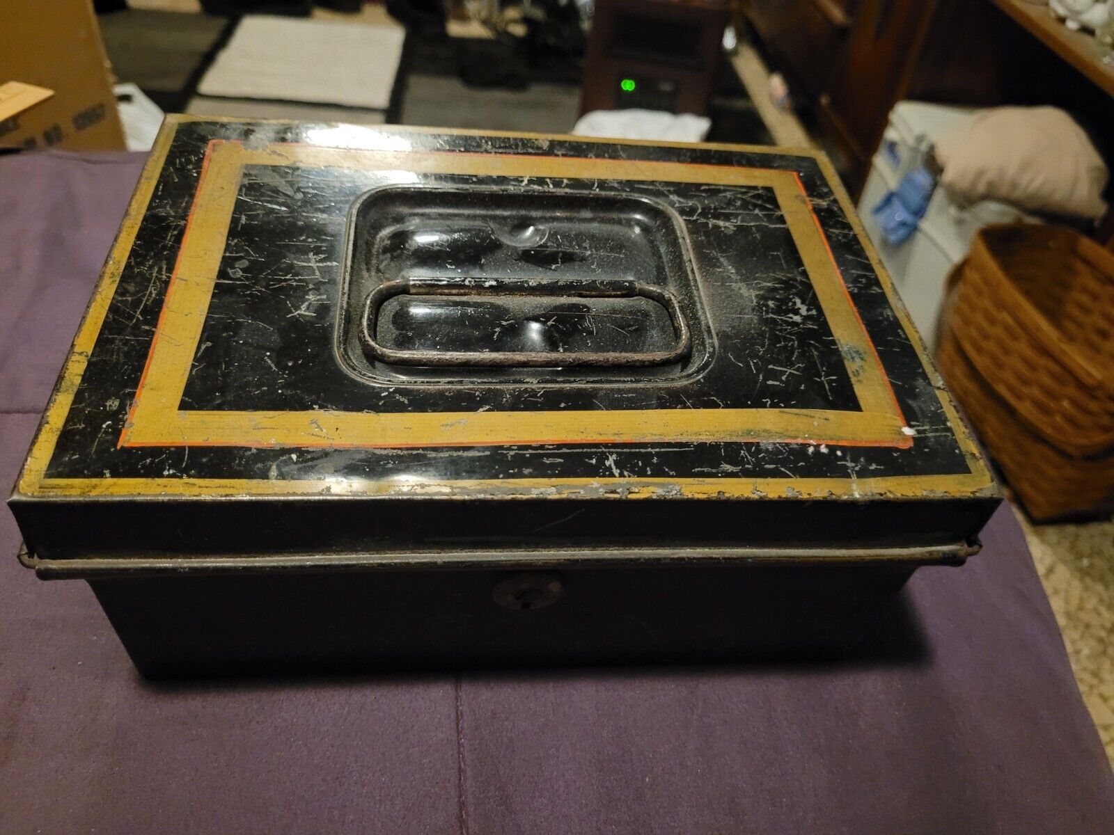 Antique Vintage   Black & Gold Pinstripe Painted Tole Metal Cash Storage Box