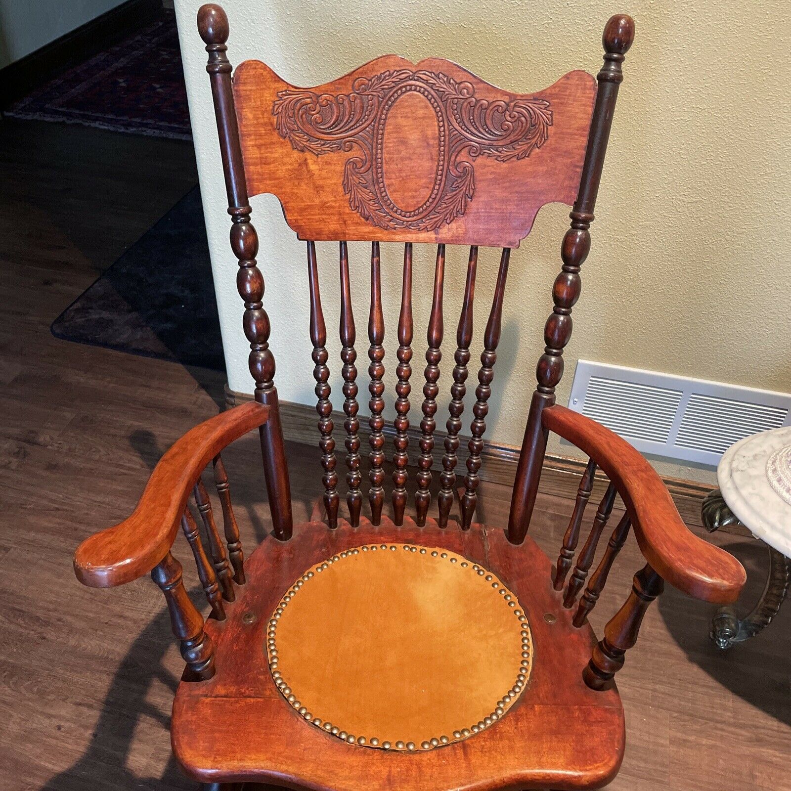 Antique Rocking Chair 1890’s, Cherrywood or Mahogany with Leather Seat