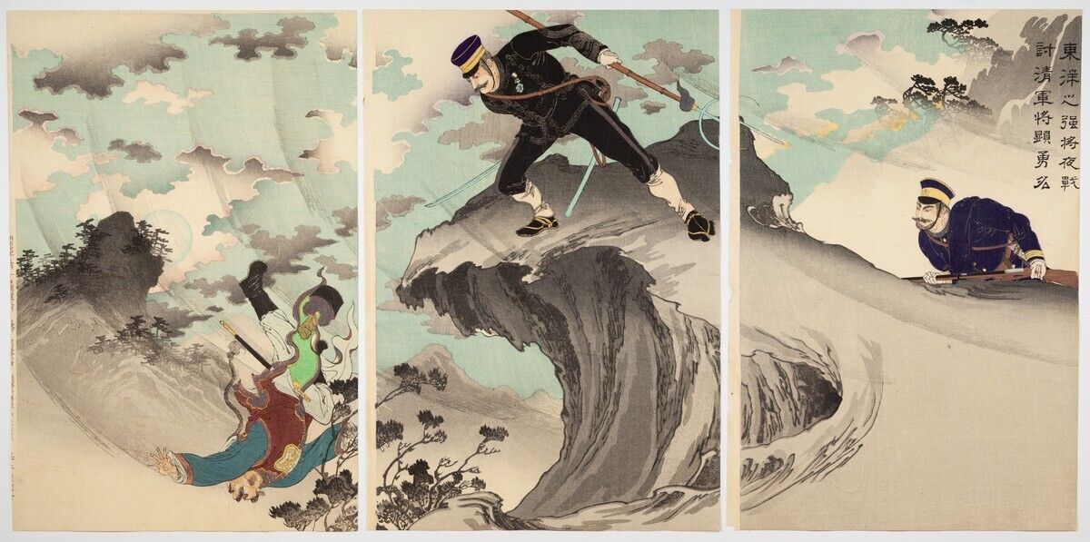Meiji War, Triptych, Soldiers, Antique Ukiyo-e Original Japanese Woodblock Print