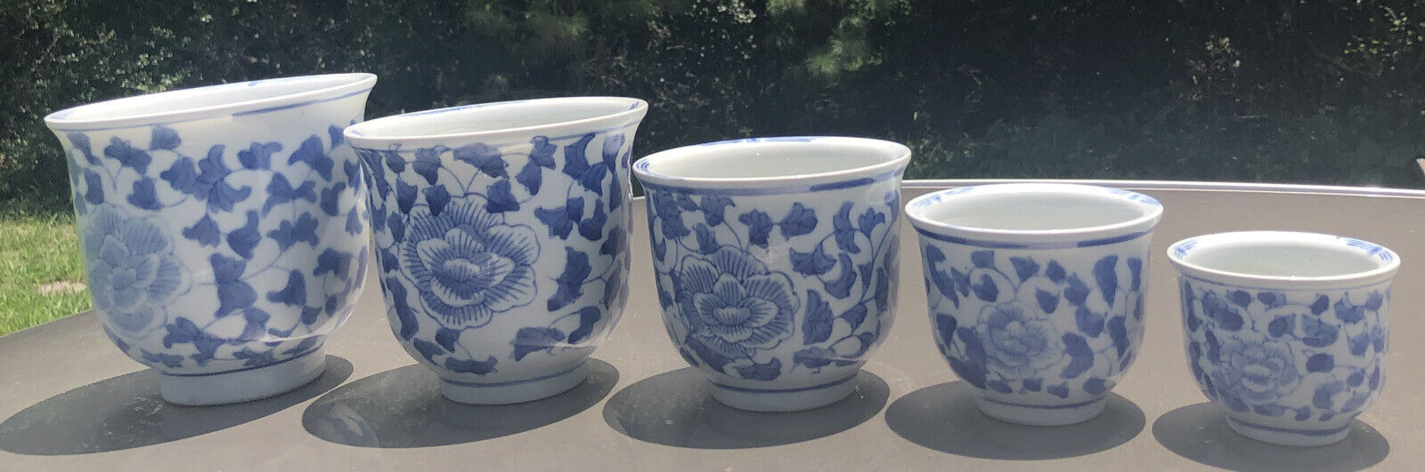 Vintage Retro Chinese Blue & White Nesting Bamboo Planters Chinoiserie 5 Pots