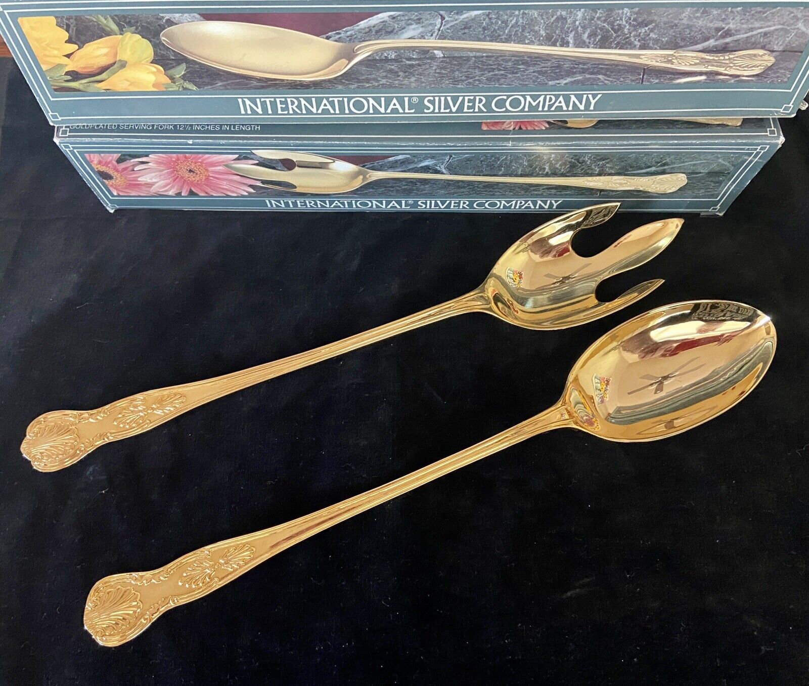 International Silver Co Gold Plated Classic Serving Spoon & Fork Set 1053 & 1054