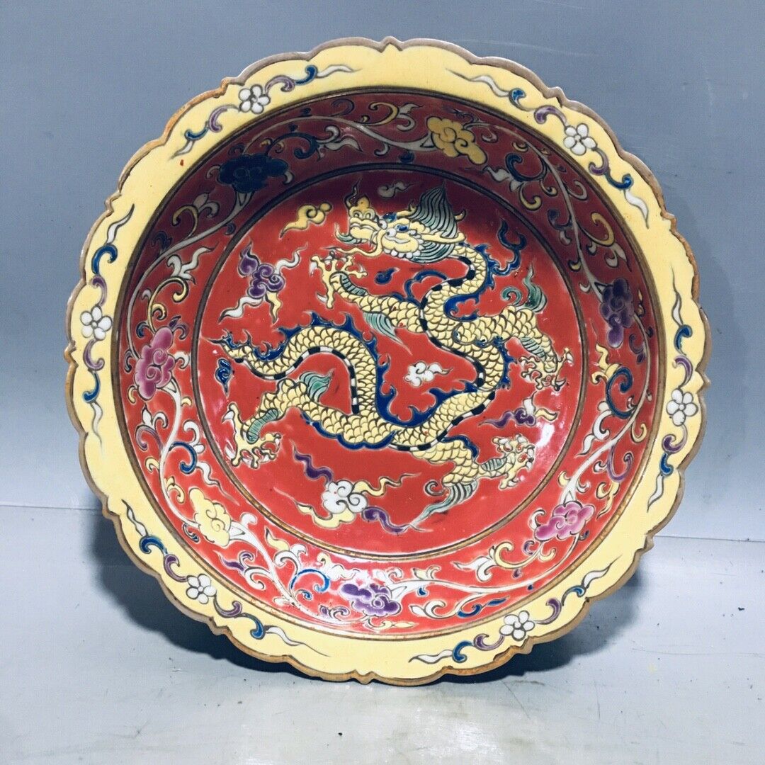 8.6" China Old Hand painting Xuande Pastel gilding Dragon pattern lace plate