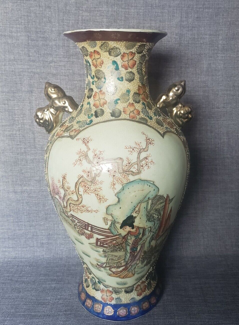 Antique Asian Chinese Porcelain Vase With Gold Foo Dog Handles And Colour Scene