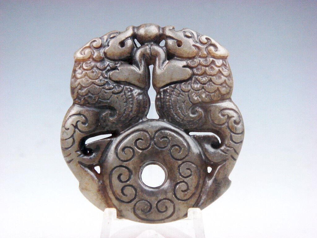Old Nephrite Jade Stone Carved Pendant Double Foo Dog Kiss Pearl Ball #07212210