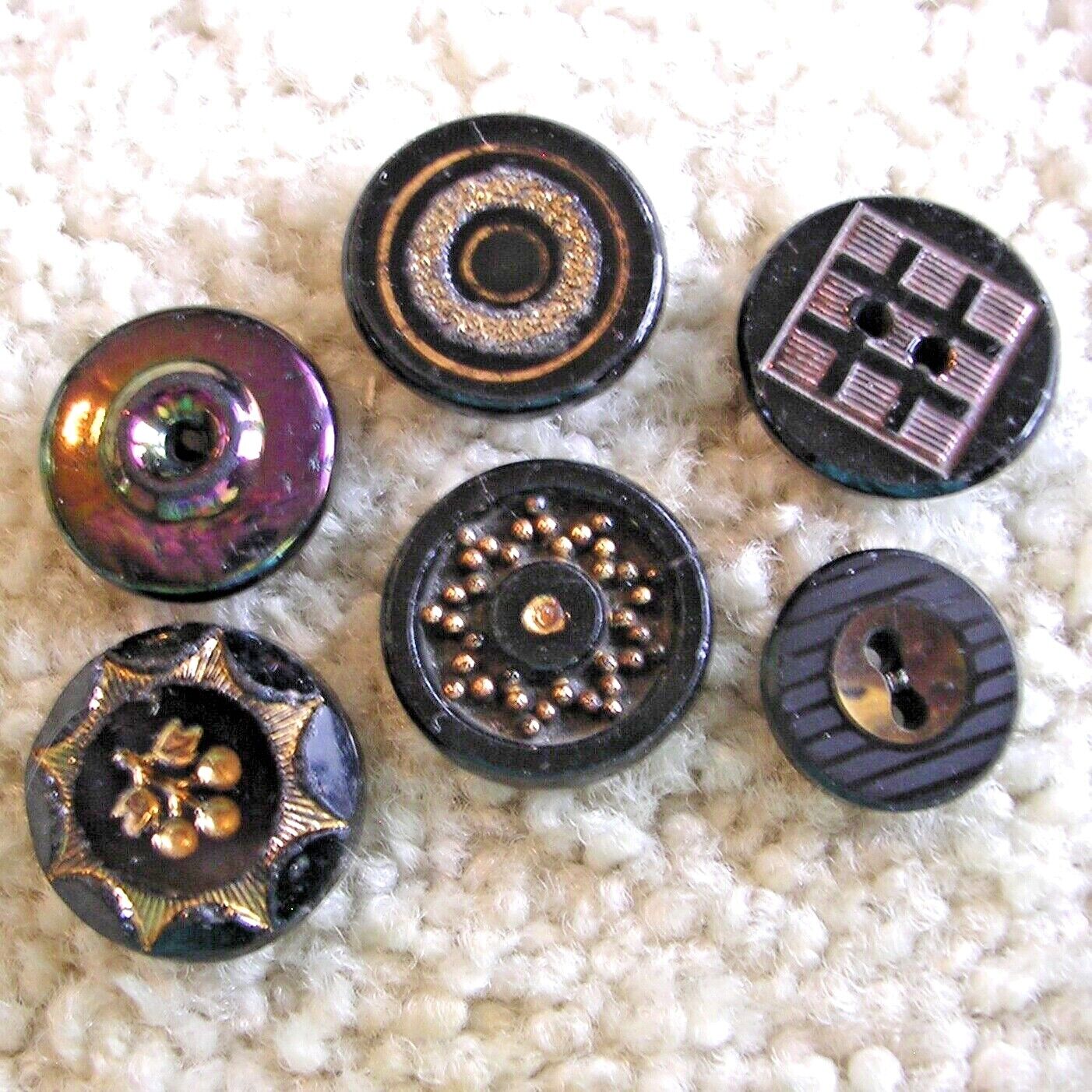 6 Sparkling antique black glass buttons w/metallic gold luster accents