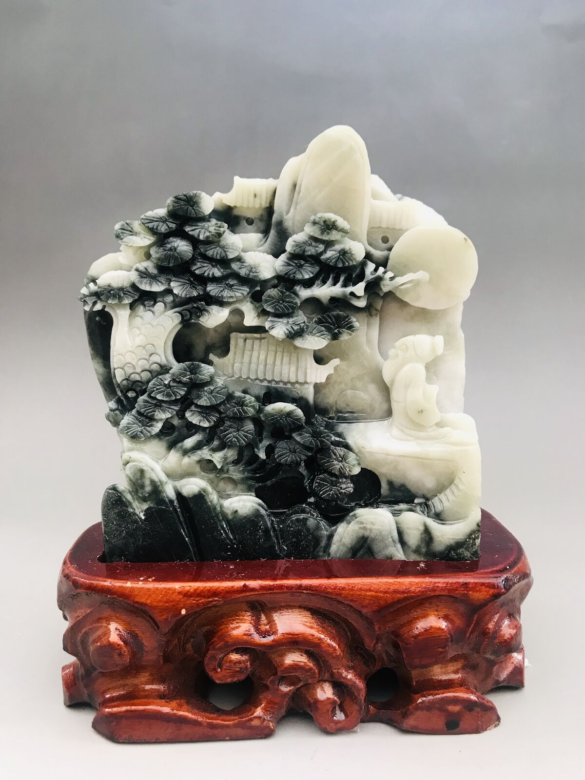 Chinese natural Hand carving DUSHAN Jade the elderly and pine tree statue D038