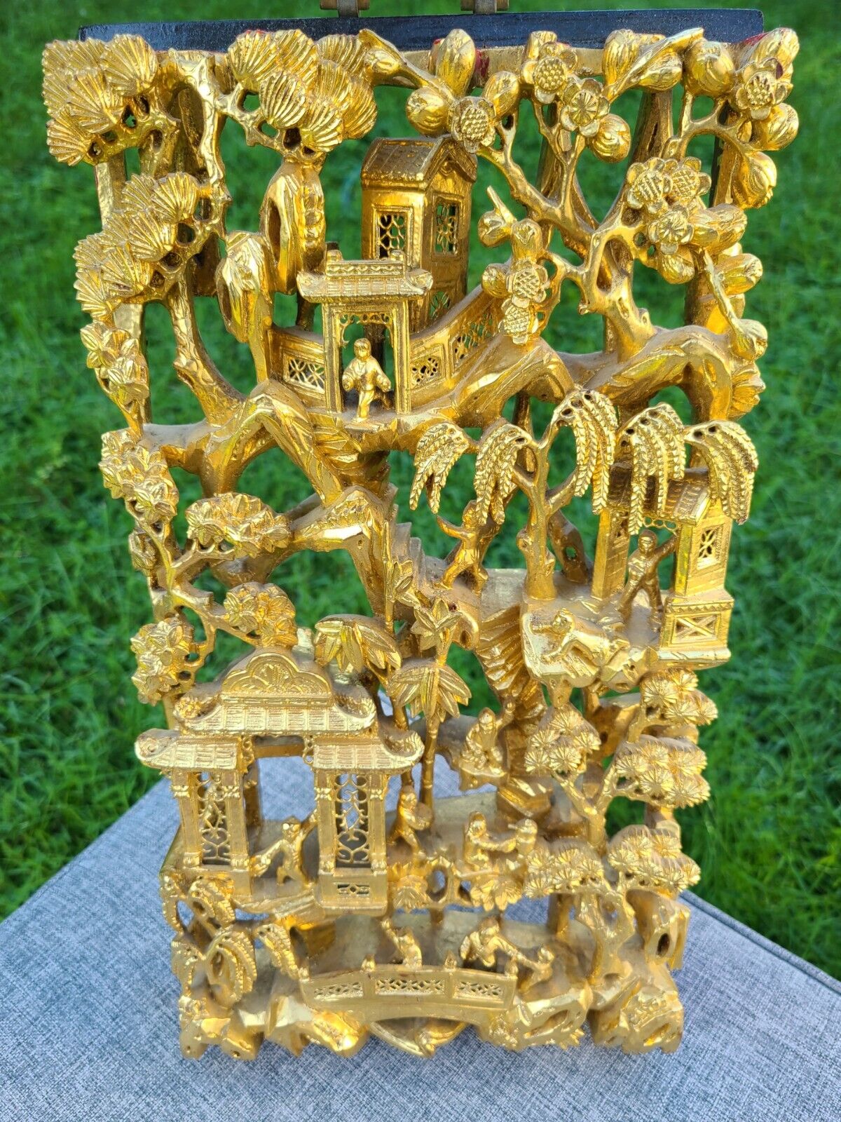Chinese Carved Relief Panel ~ Gold Gilt 3D Wall Panel ~  Asian Wood Gilding 15"