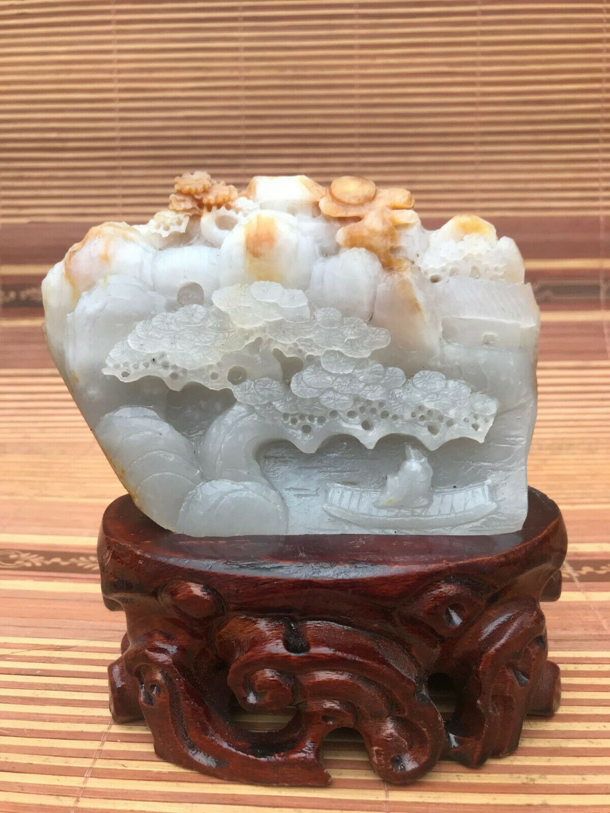 Chinese natural Hand carving HETIAN jade landscape statue E230