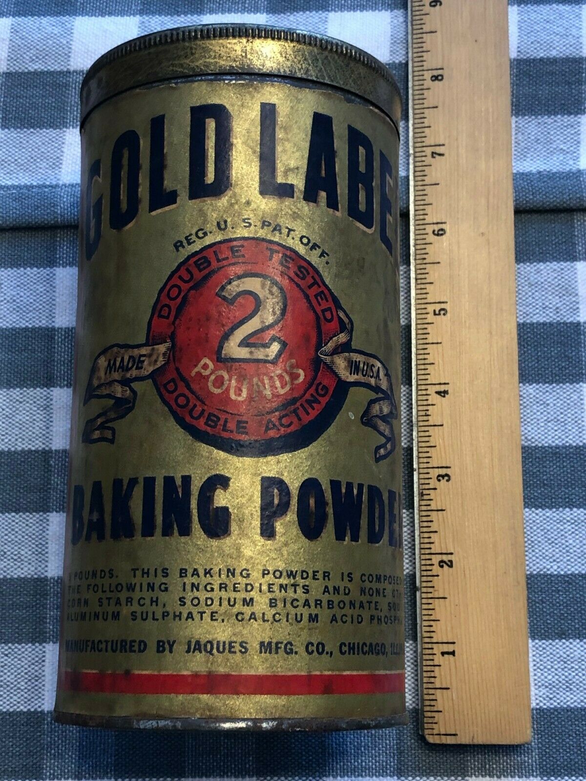 VINTAGE GOLD LABEL BAKING POWDER 2 LB TIN CAN GREAT GRAPHICS VG COND 7" X 3.5"