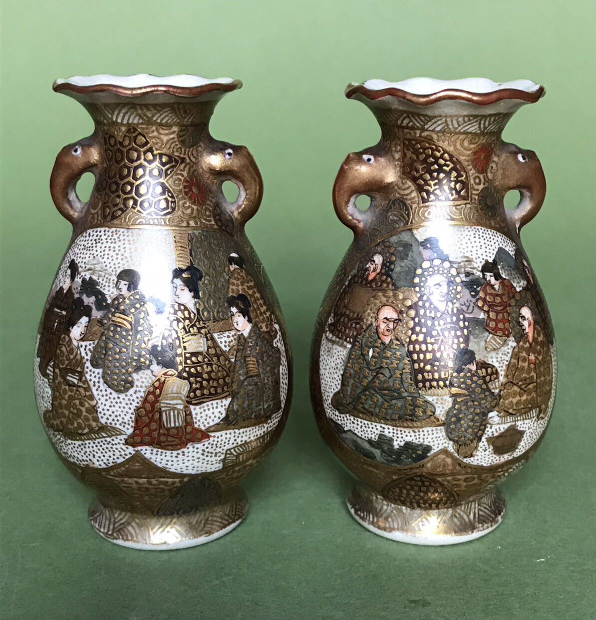 Pair of Antique Meiji Japanese Satsuma Miniature Vases with Elephant Handles