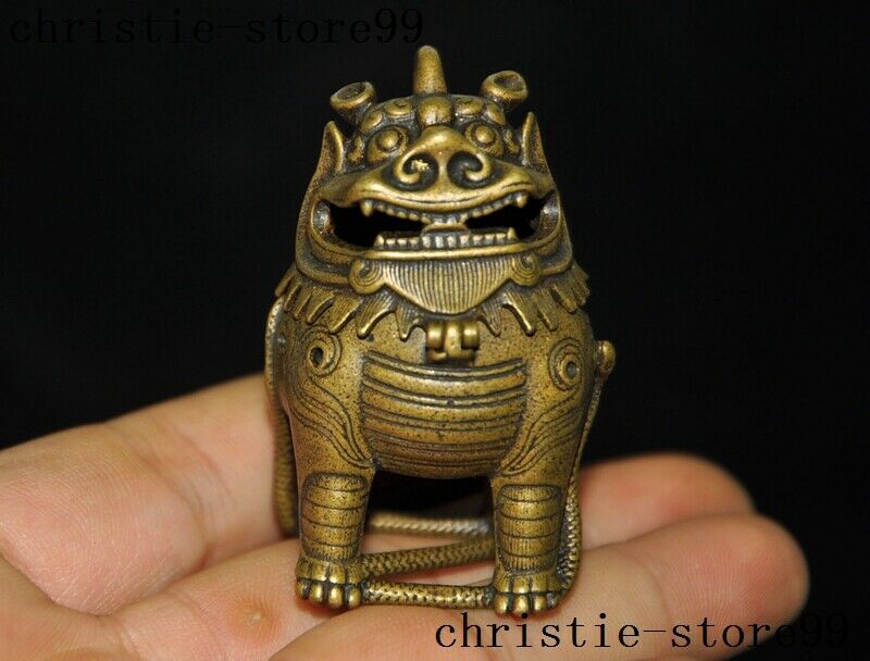 Old China temple bronze animal lucky lion Foo Dog statue Incense burner Censer