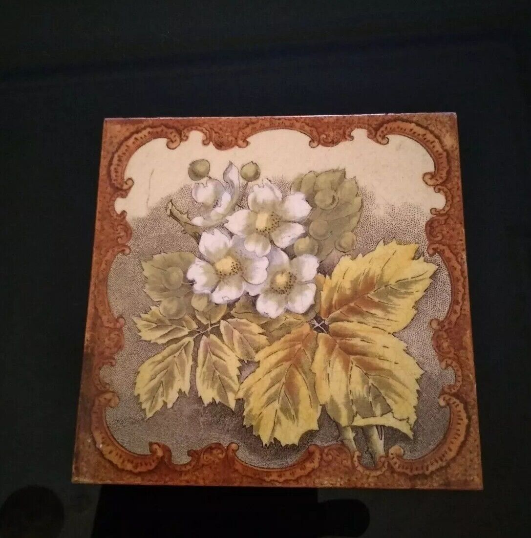 Antique Victorian Transfer Print Floral Tile