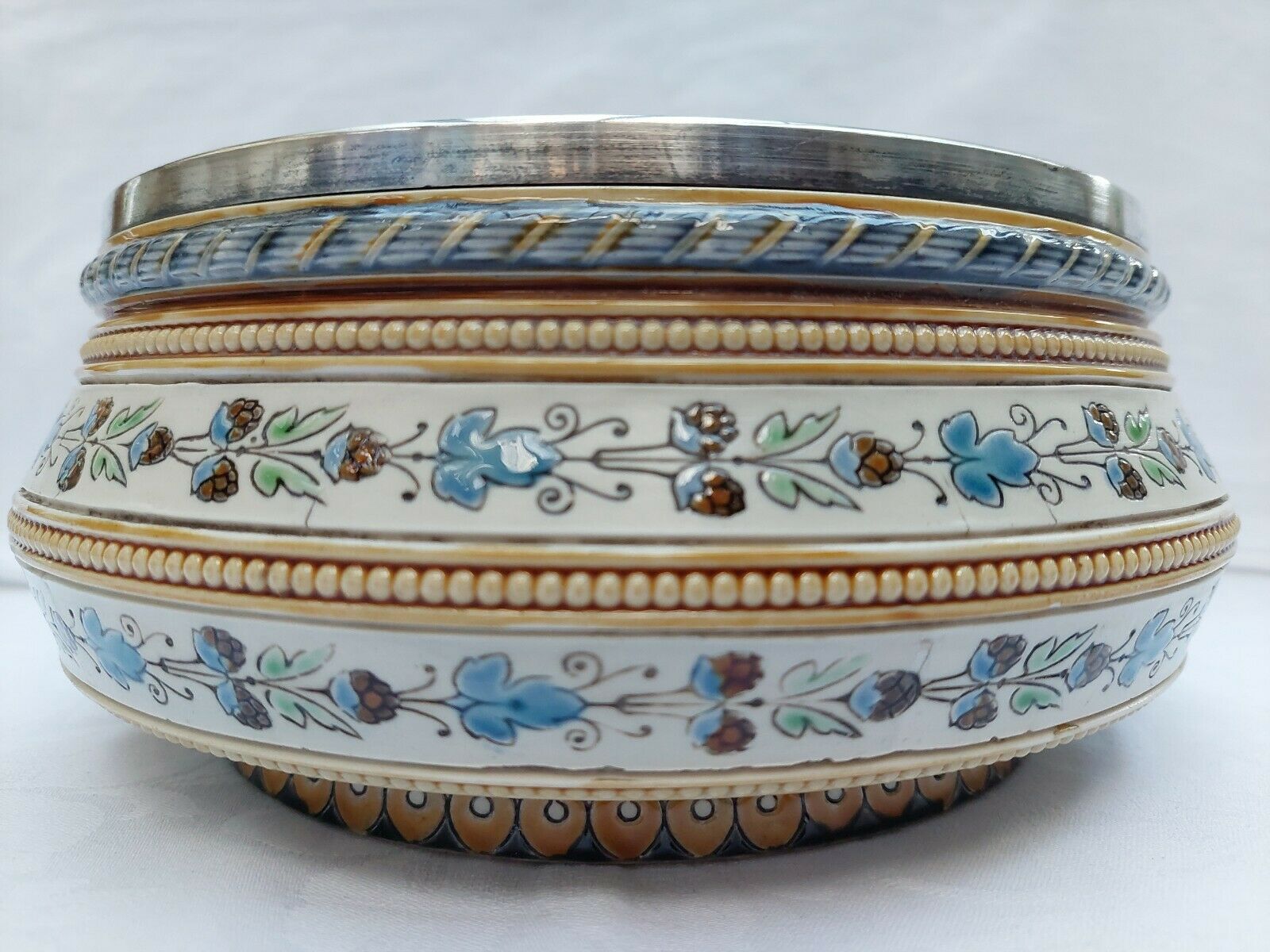 Antique Villeroy Boch Mettlach Mosaic large bowl 1874-1909 silver plate rim