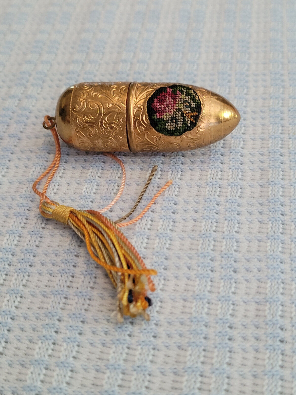 Ornately Carved Vintage Brass Needle Case/Etui With Unique Petit Point Design