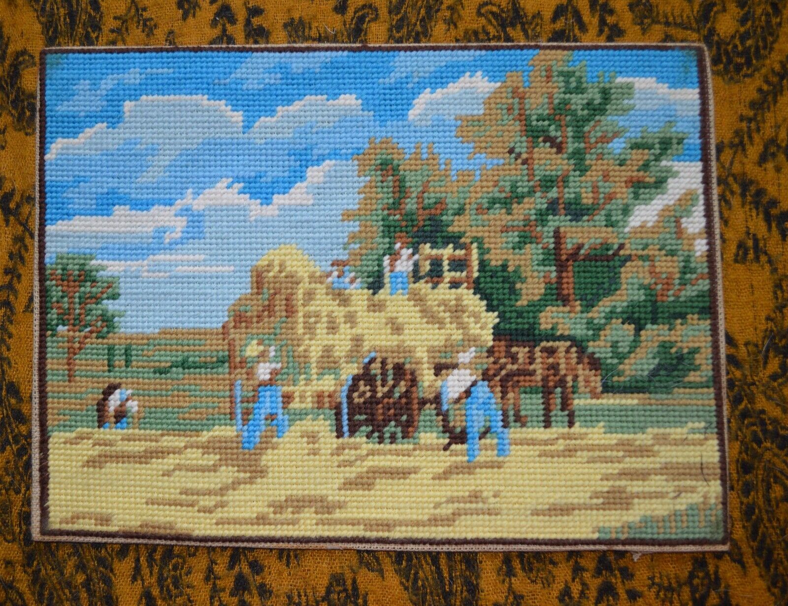 Vintage French tapestry rural hay gathering scene. used  good clean condition