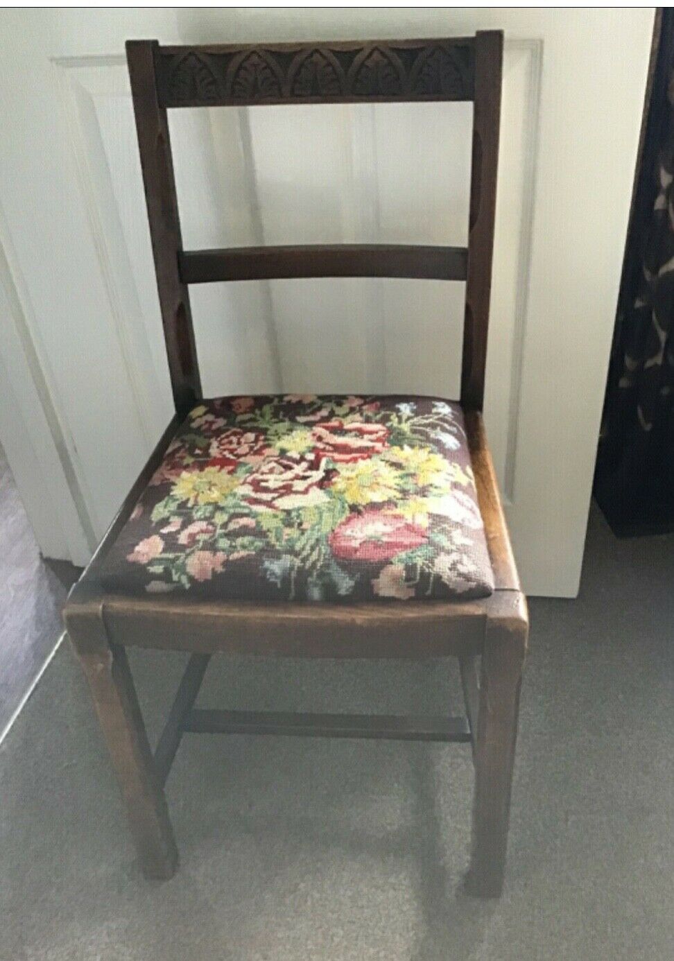Vintage Oak Framed Chair With Tapestry Seat And Carved Back