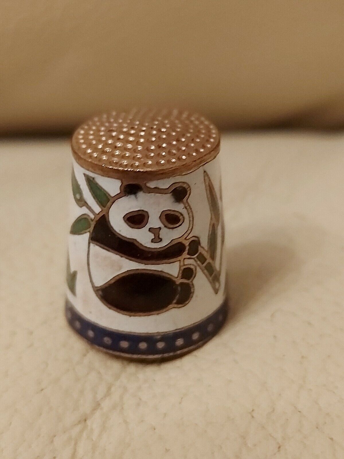 Vintage Brass & Enamel Cloisonné Panda Chinese Thimble Rare Mint Must Have