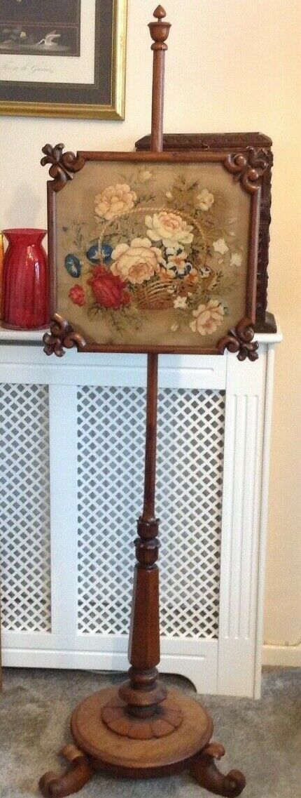 Antique rosewood carved wood pole screen wool work tapestry floral panel