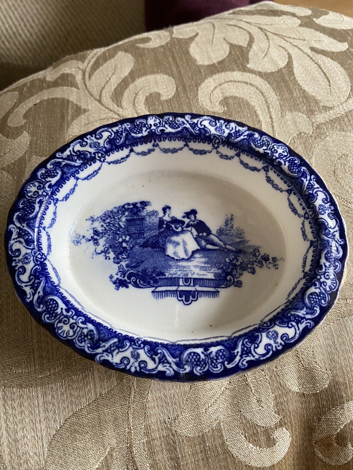 Antique 19c Royal Doulton Flow blue ‘Watteau’ Jam/trinket dish
