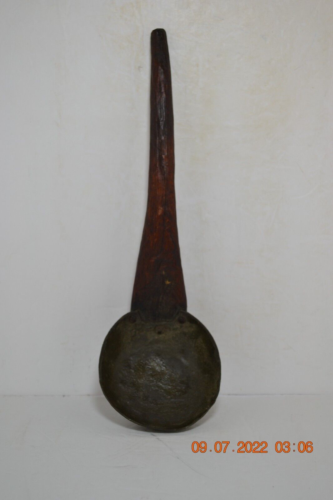Antique Primitive Hand Carved Wooden Metal Spoon Scoop