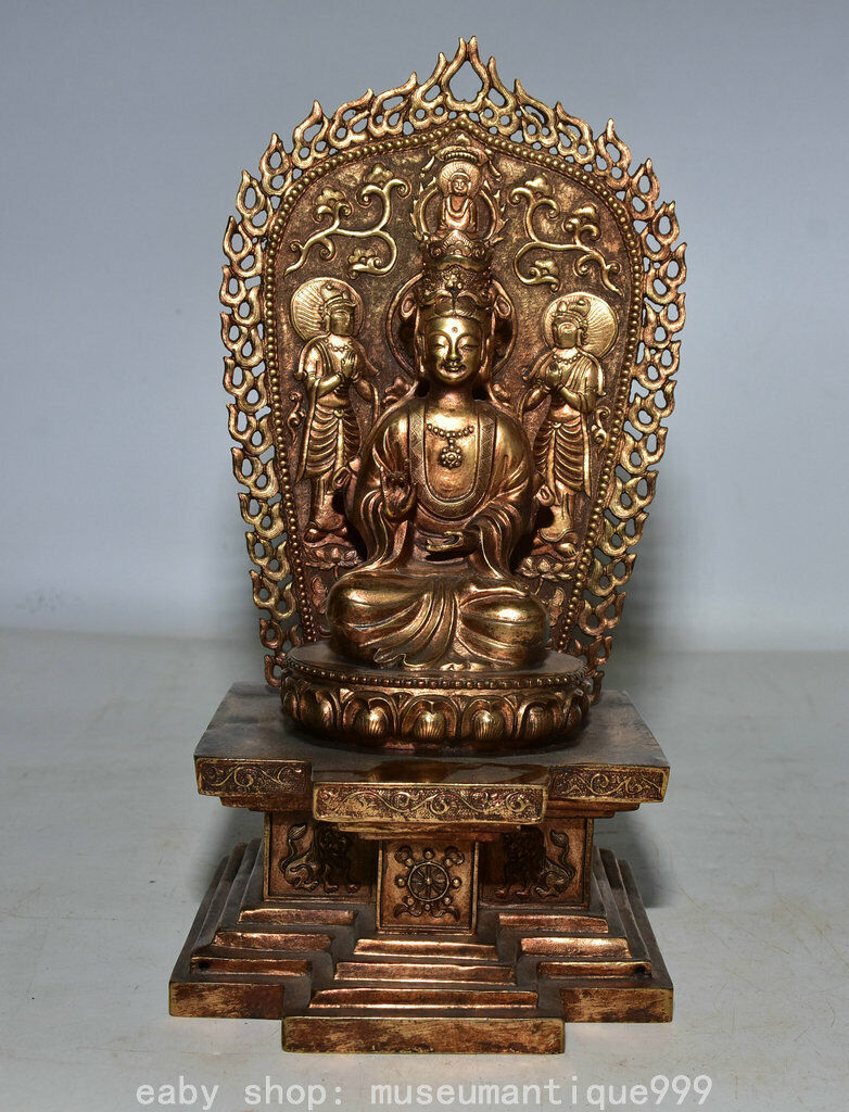 9'' Tibetan Buddhism Copper 24K Gold Gilt Sit GuanYin Goddess 8 treasures Statue