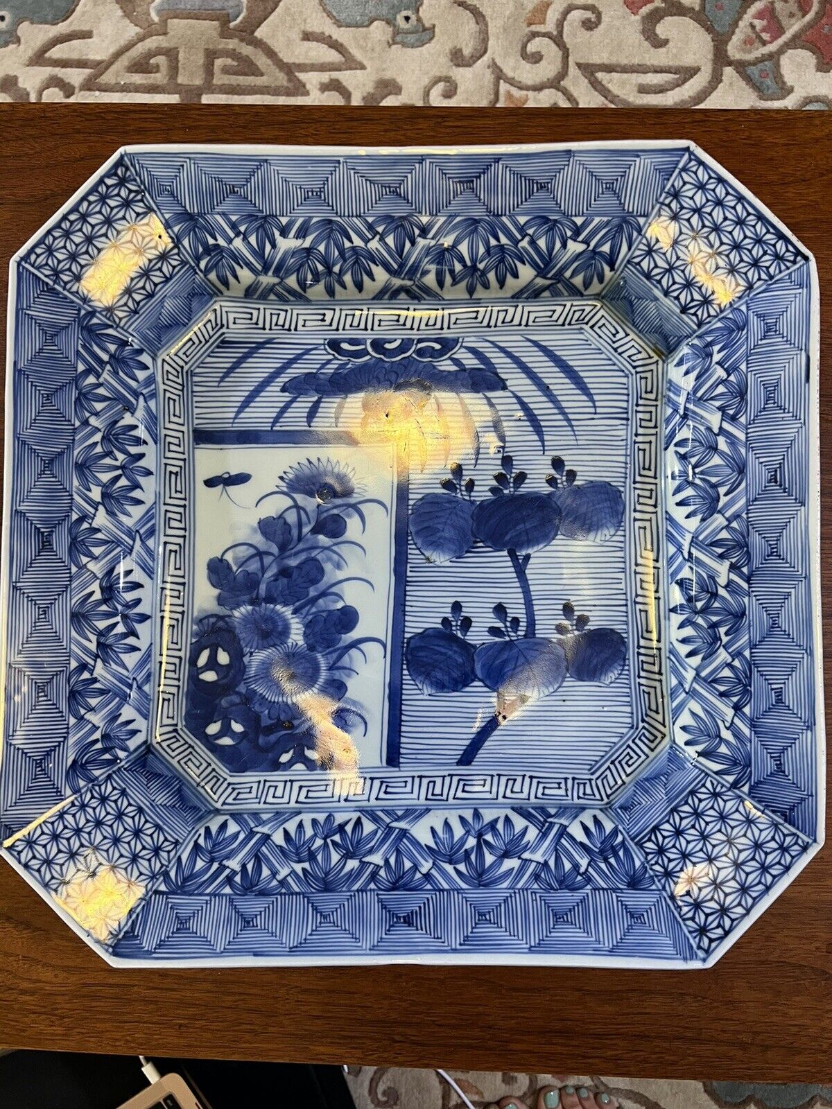 antique signed Japanese Octagon Square blue and white Ceramic charger plate