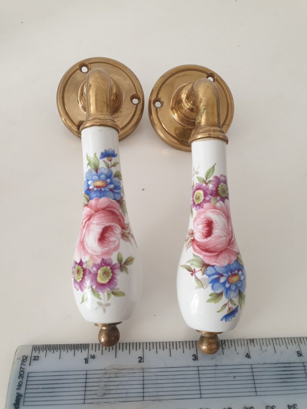 Pair Of Vintage Ceramic Door Lever Handles Floral