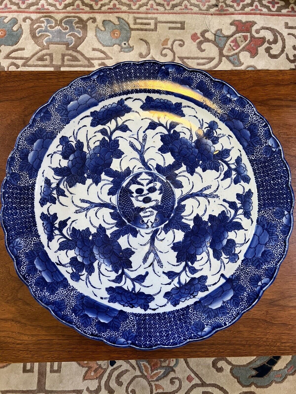 Antique Chinese blue and white 18” Large Wall Plate Charger Scalloped Edges Koi