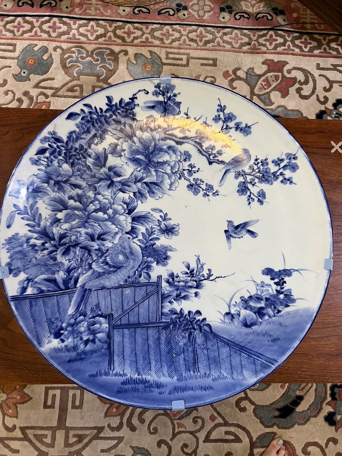 Rare 18c Japanese blue and white 22” Large Wall Plate Charger Signed. Broken.