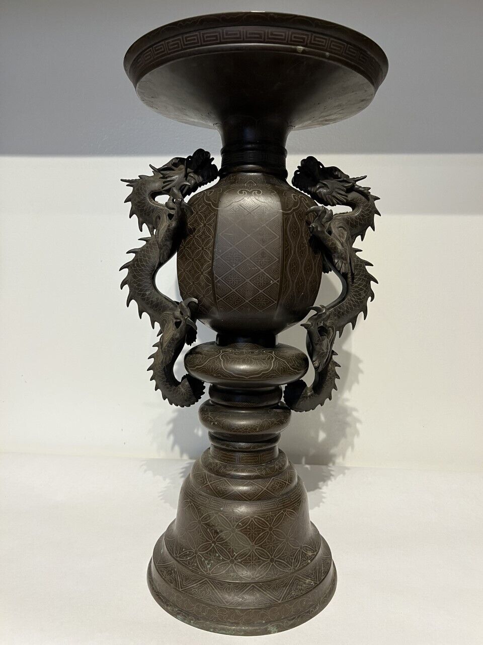 Japanese Meiji Edo period Mix-metal Silver inlay Bronze Usubata Vase 1870-1890’s