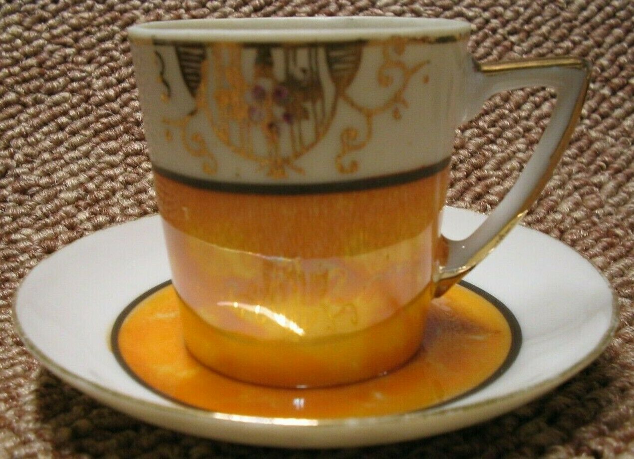 Antique  Porcelain Lustre Japanese Eggshell Cup & Saucer - Gold Plated Decor