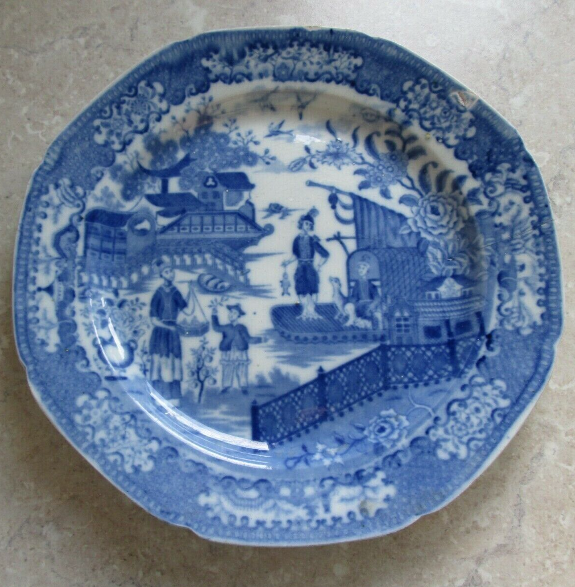 c1830 English Chinoiserie Flow Blue China Display Plate River Traders