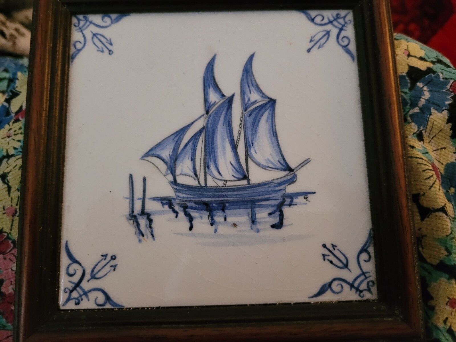 3 Vintage Blue And White Tiles depicting sailing boats in oak frames 2 delft old
