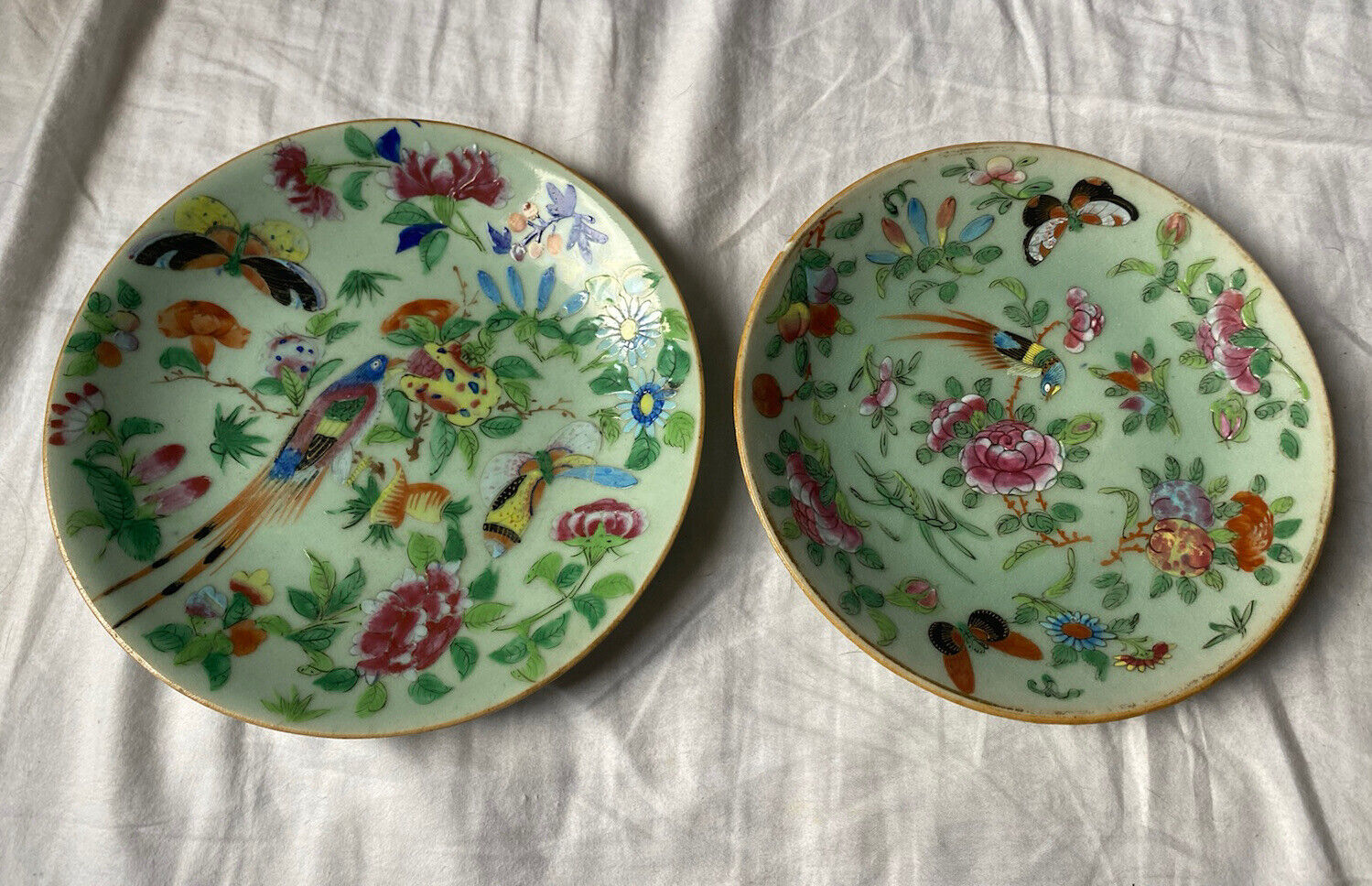 Pair Of Antique Chinese celadon Porcelain Famille Rose Plates