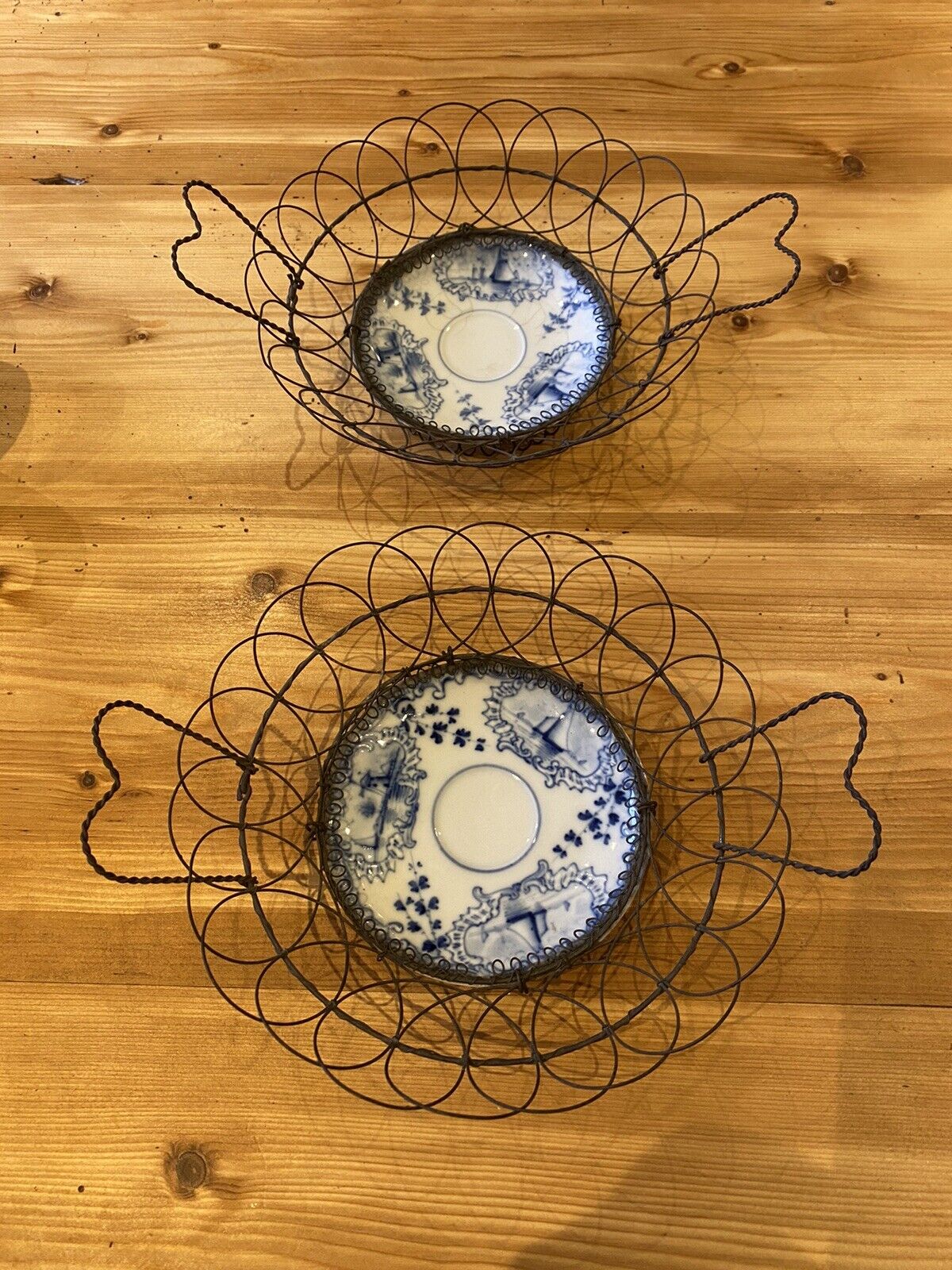 Very Rare pair of 19th Century Wire Work and  Delft plate Baskets Heart Handles