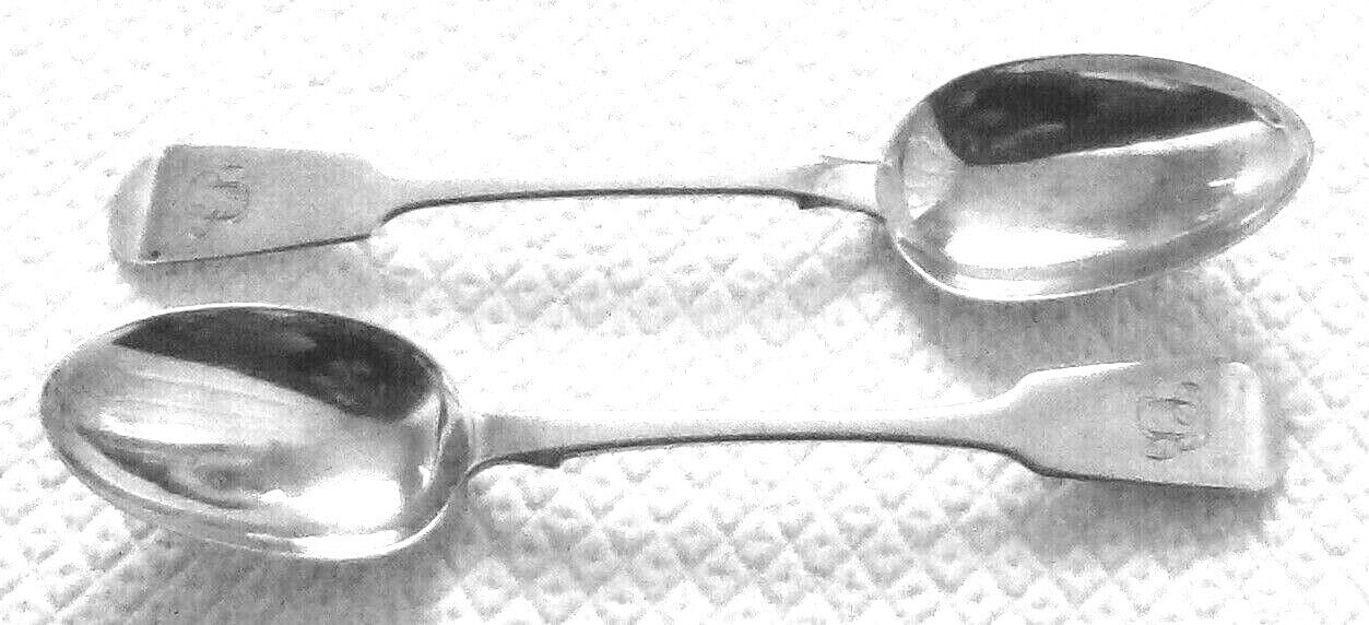 William IV 2 Sterling Silver Fiddle Back Table Spoons London 1838/58 qpqp