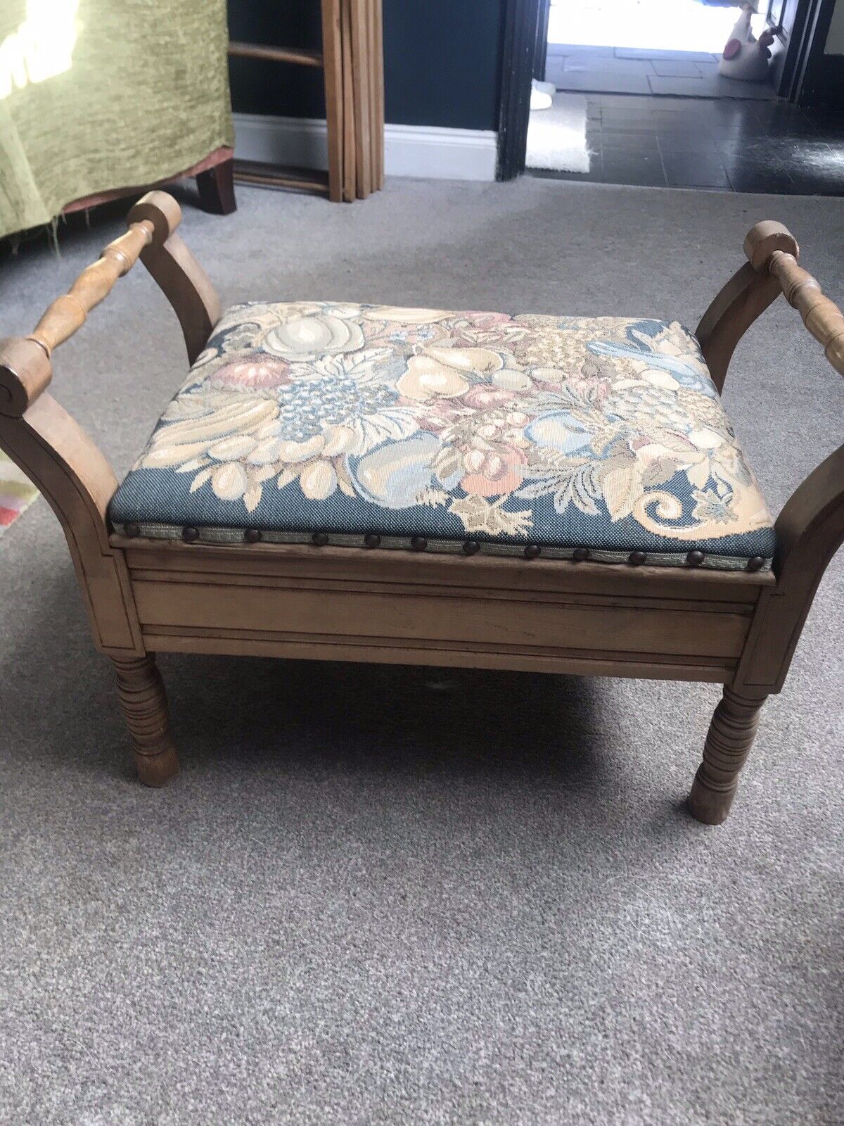 antique tapestry foot stool storage box