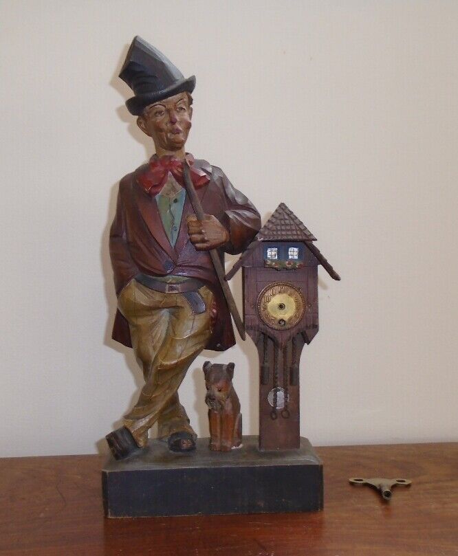 ANTIQUE KARL GRIESBAUM WHISTLER & CLOCK CARVED WOOD FIGURE AUTOMATON circa 1920s