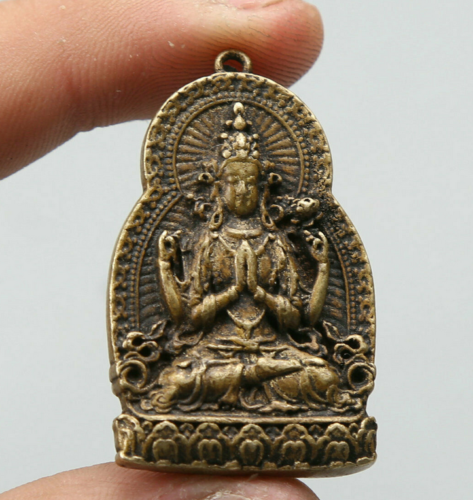 Old Tibetan Buddhism Bronze copper 4 Arms Guan Yin Amulet statue Pendant