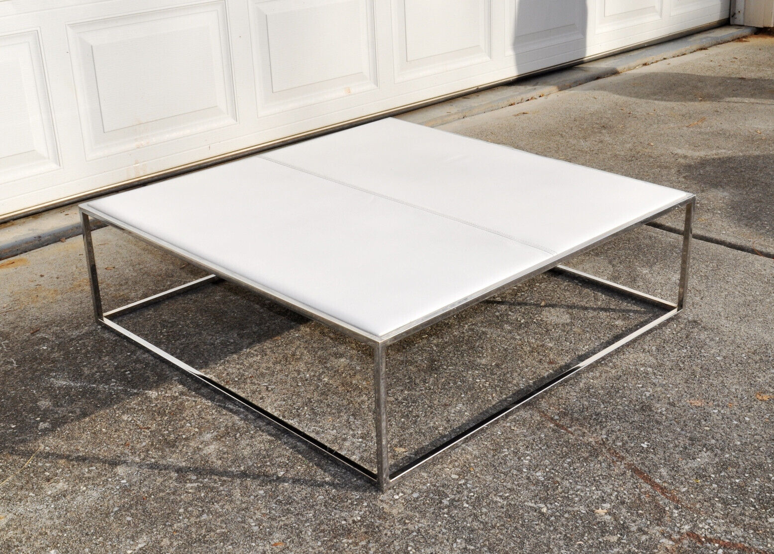 Mid Century Modern Chrome Square Coffee Table, White Leatherette, Atomic Retro