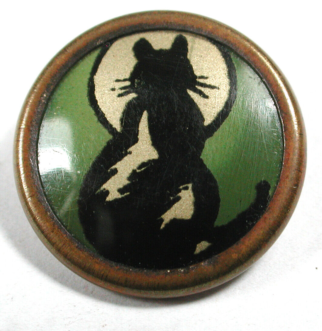 Vintage Celluloid in Metal Button Art Deco Cat & Full Moon  11/16"    1920-30