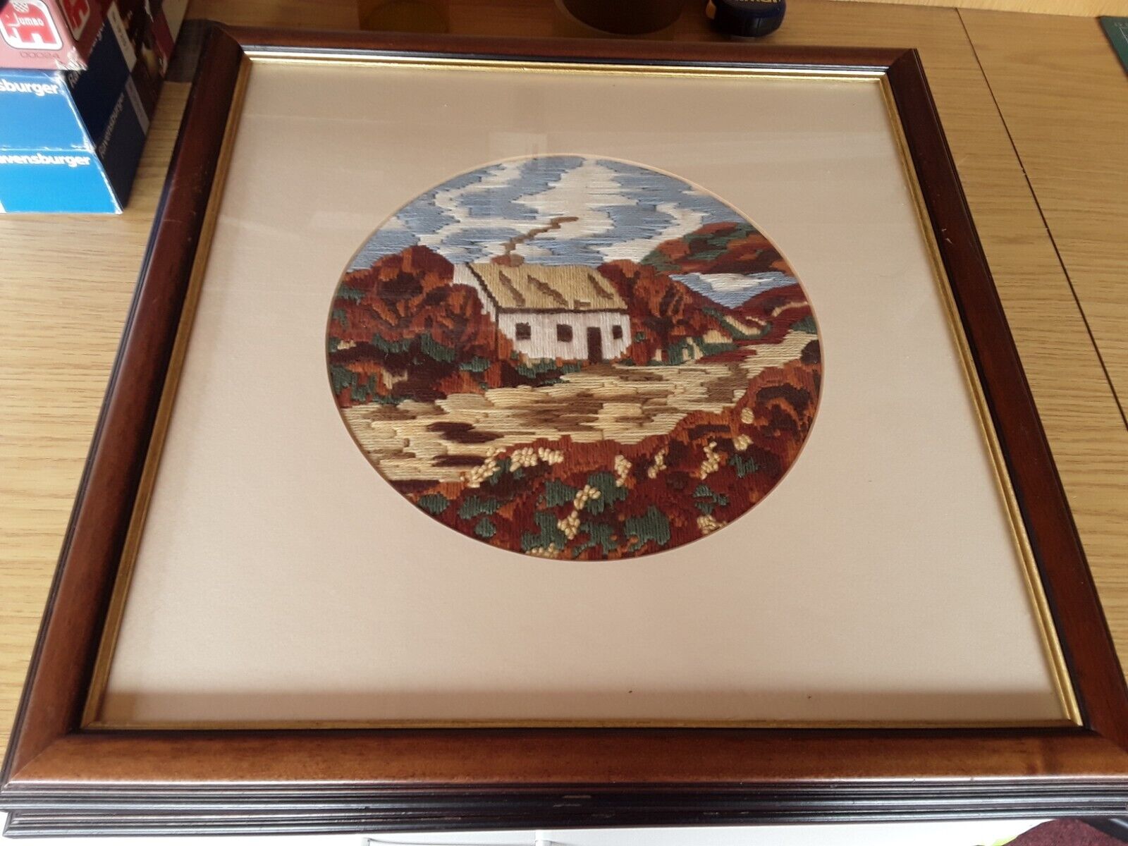 LARGE FRAMED TAPESTRY OF AUTUMN landscape  17 x 17 inches