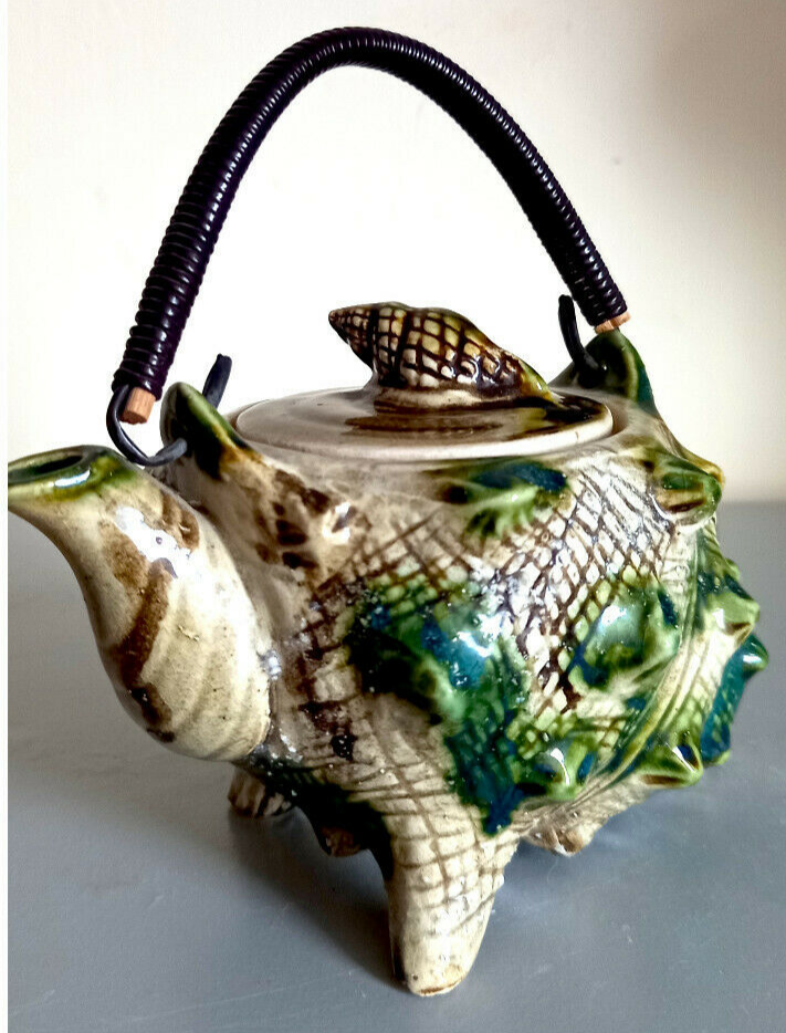 Rare Taisho period Vintage Japanese Conch Majolica Shell Teapot Unique Gift