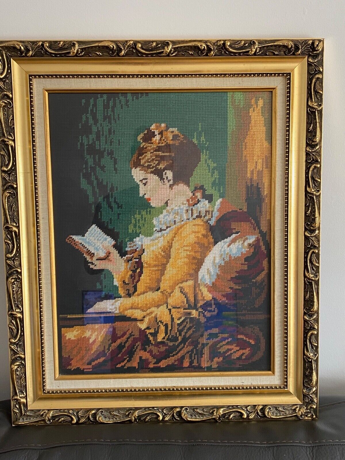 Vintage Gold Framed Tapestry Jean-Honore Fragonard Lady Reading a Book - 62x51cm
